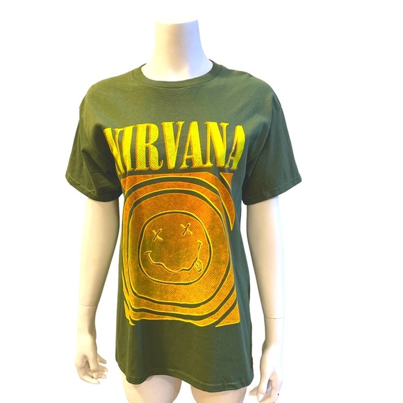 NWOT NIRVANA Smiley Face Logo Tshirt in Army Green, size Medium - Picture 2 of 8
